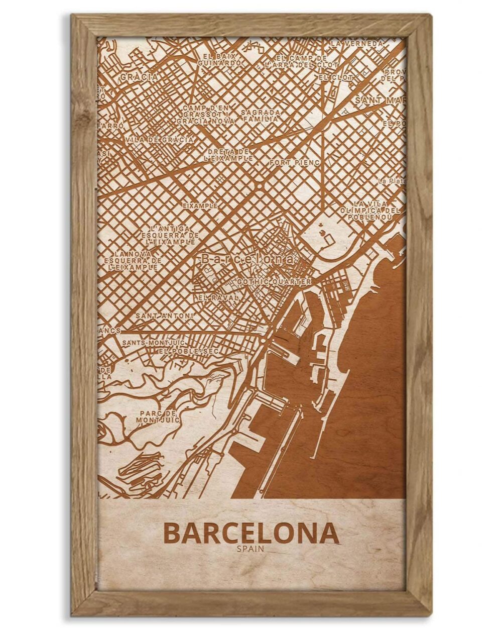 Wooden Street Map of Barcelona - Urban City Plan 5