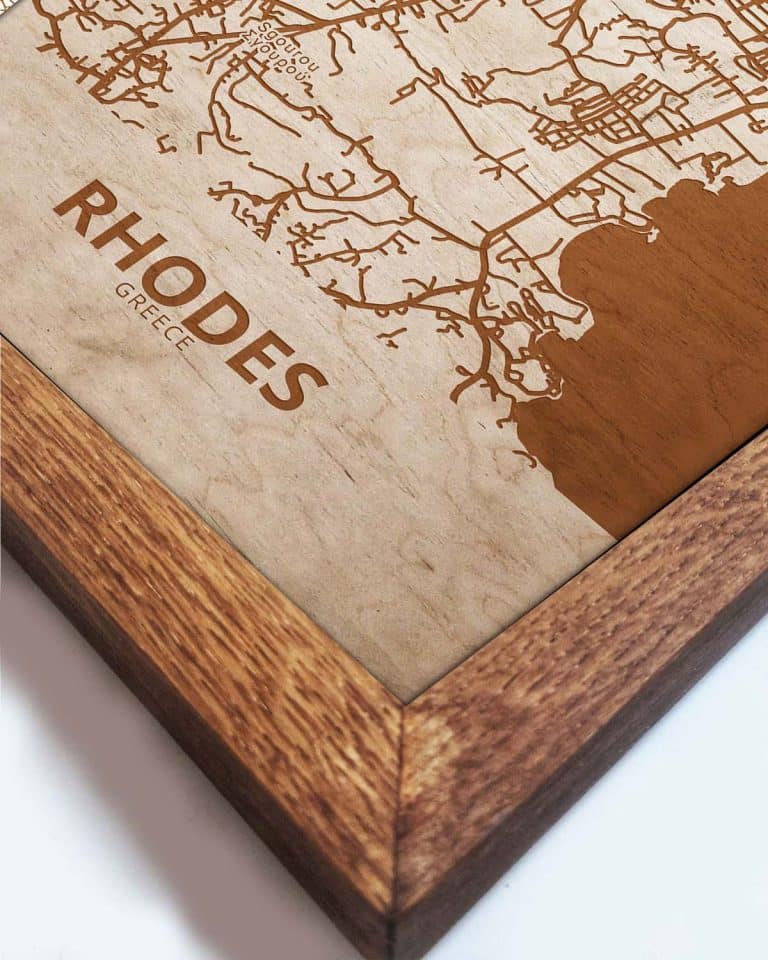 Wooden Street Map of Rhodoes – Urban City Plan, in an oak frame 2