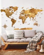 3D World Map Wood Living Room Wall Decor Oak