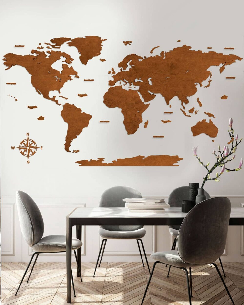 Blank Wooden World Map Hanging Wall Art Walnu