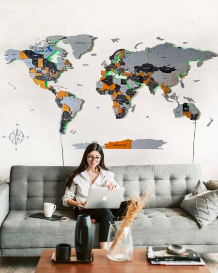 Wooden World Map Illuminated LED 3D Premium Birdywing®