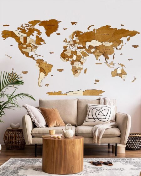 Wooden 3D wall map of the world | CAPPUCCINO