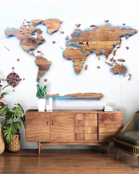 World map illuminated from solid oak
