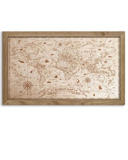 Wooden World Map Vintage, in an oak frame