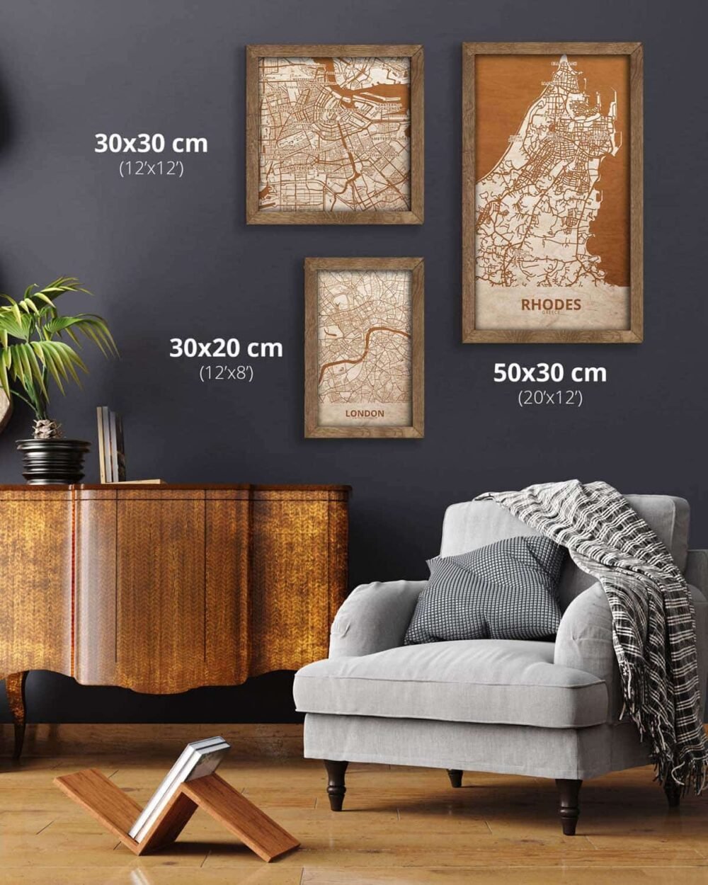 Wooden Street Map of Rhodoes – Urban City Plan, in an oak frame 4